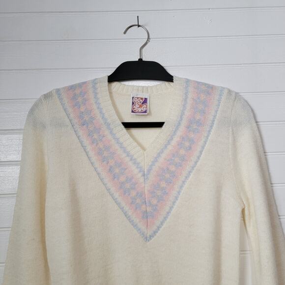 Offspring Wool Blend Sweater Academia V Neck Fair Isle Coquette Fairy VTG 70s - Picture 3 of 10